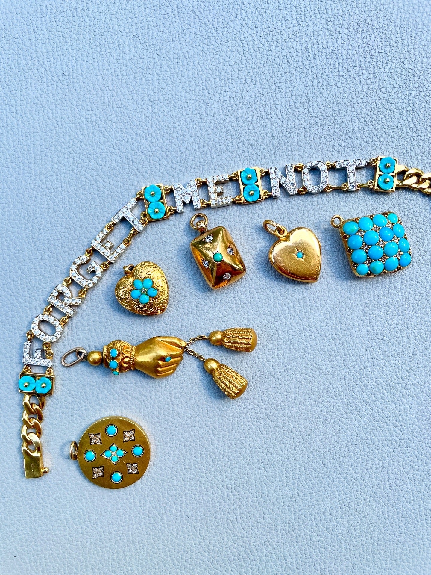 Antique French yellow 18K old mine cut diamond and turquoise top hinge rectangular locket