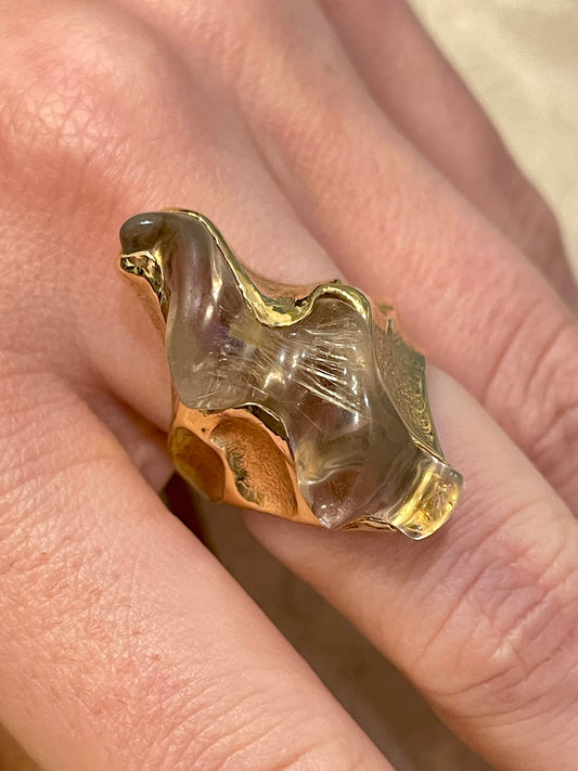 Vintage yellow 14K organic rutilated quartz swirl statement ring, size 6.5