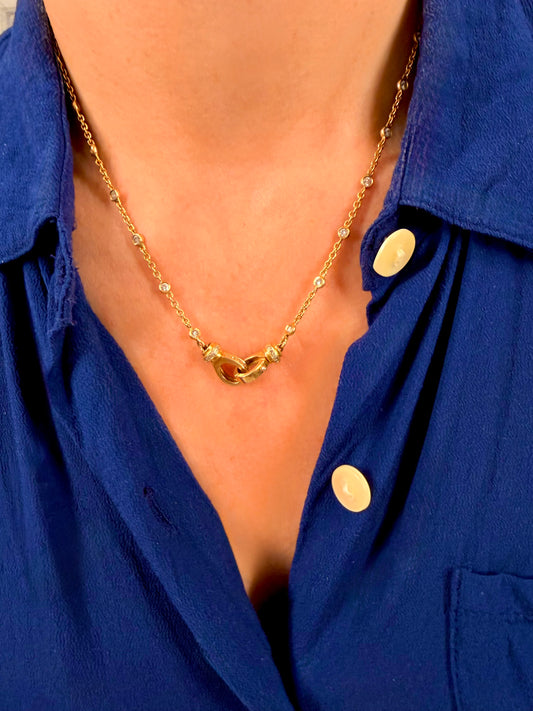 Vintage yellow 14K approx 1.4 ctw diamond bezel station chain with cuff clasp, 17.5 inch