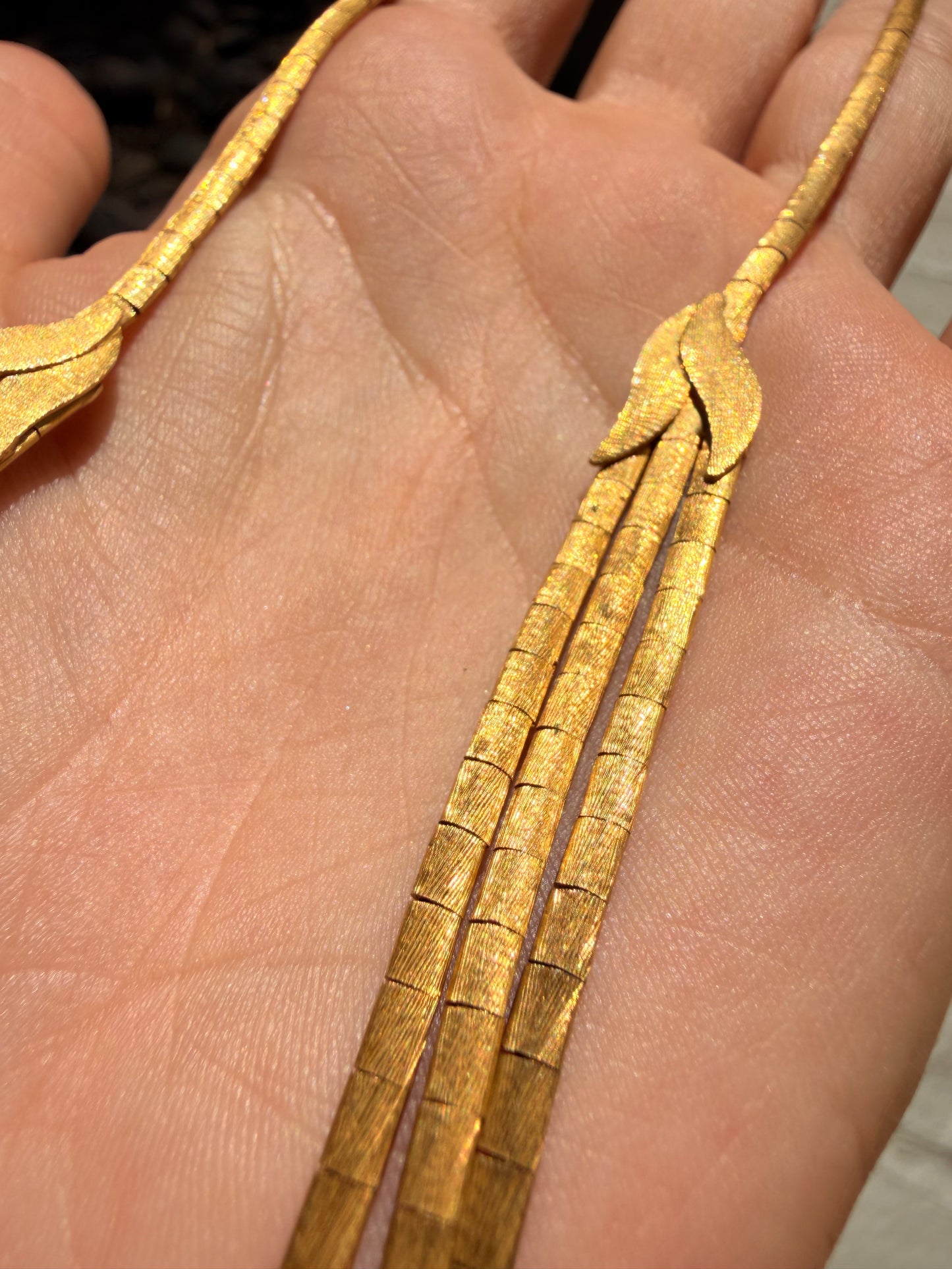 Vintage yellow 18K triple strand Florentine finish necklace, 16.75 inch