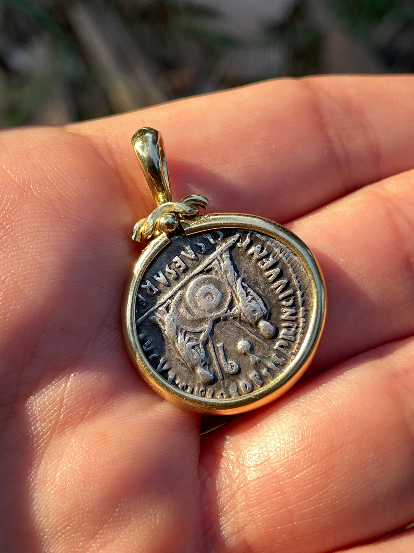 Estate yellow 18K bezel set authentic ancient Roman silver coin pendant