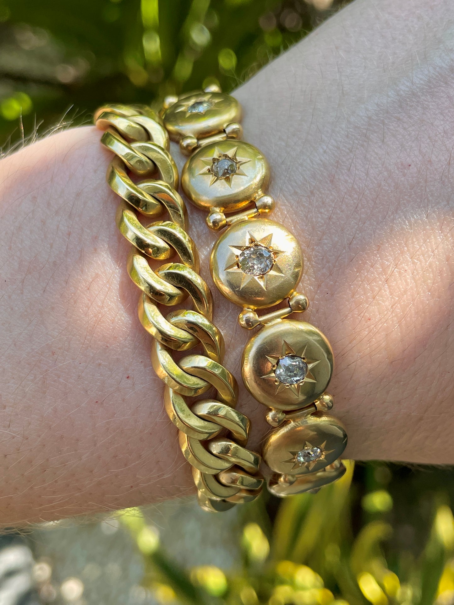 Antique yellow 10K Victorian approx 1.6 ctw old mine cut diamond starburst bracelet, 7 and 7/8 inch