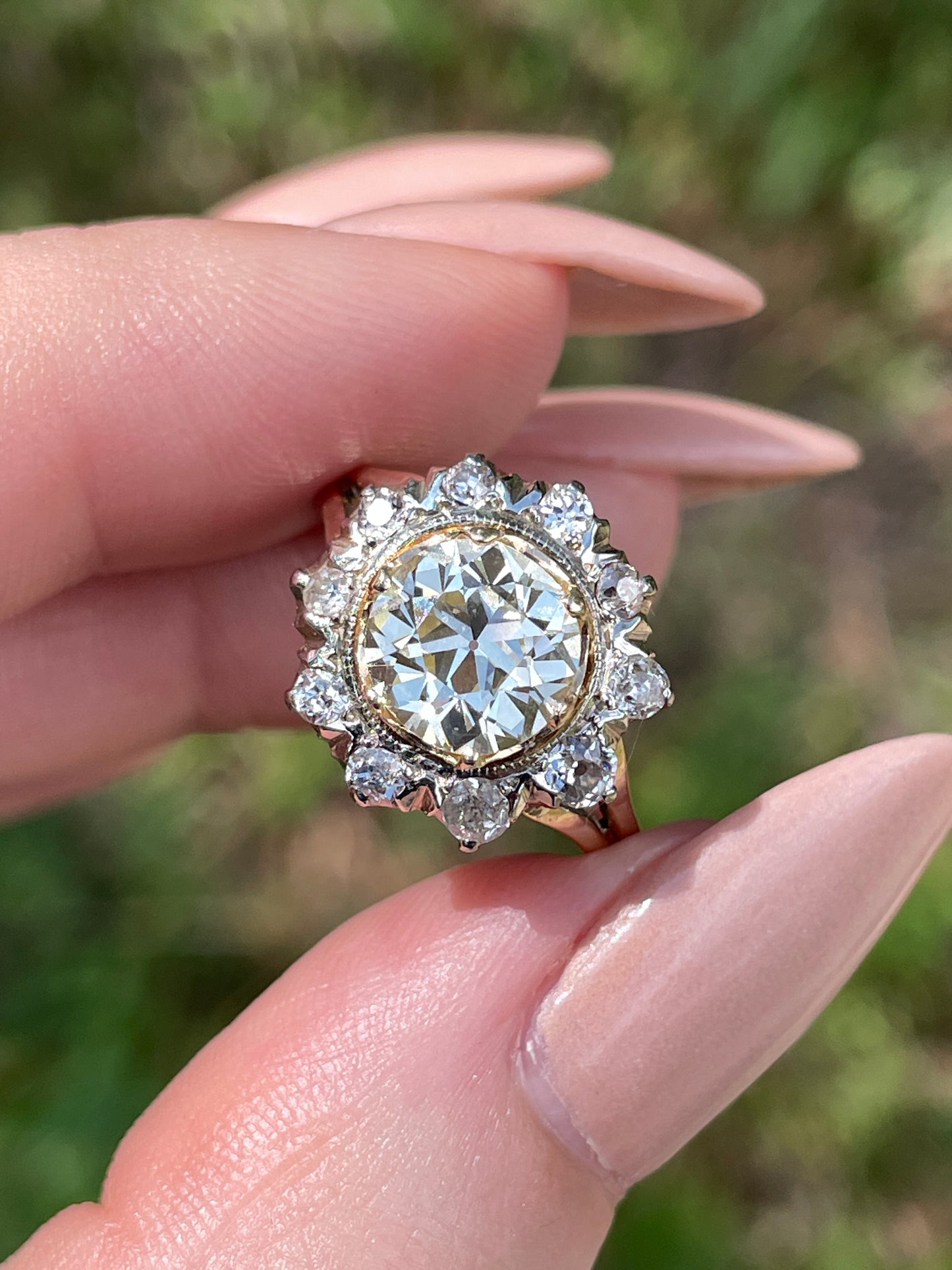Antique 14K and 18K approx 2.05 ctw Old European cut light yellow and diamond halo ring, size 6.75