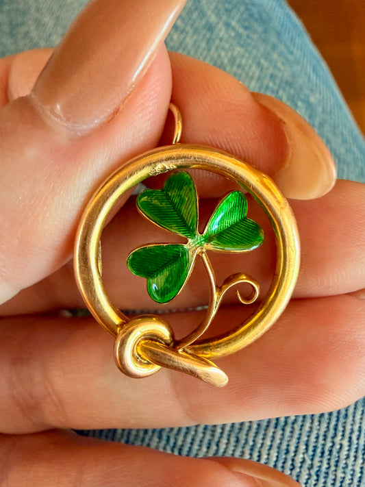 Antique yellow 15K Victorian enamel clover and belt pendant