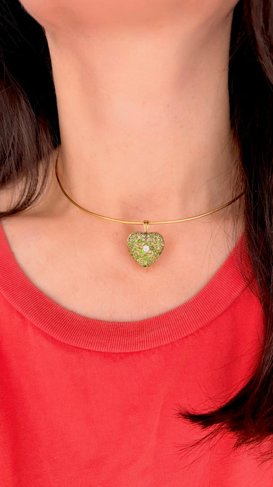 Antique 18K demantoid garnet and old mine cut diamond glass back heart locket