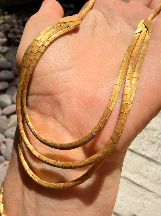 Vintage yellow 18K triple strand Florentine finish necklace, 16.75 inch