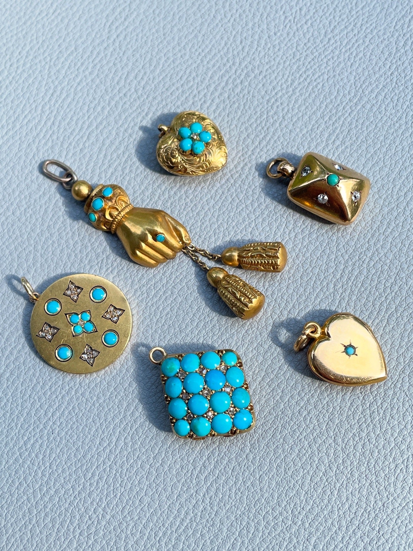 Antique French yellow 18K old mine cut diamond and turquoise top hinge rectangular locket