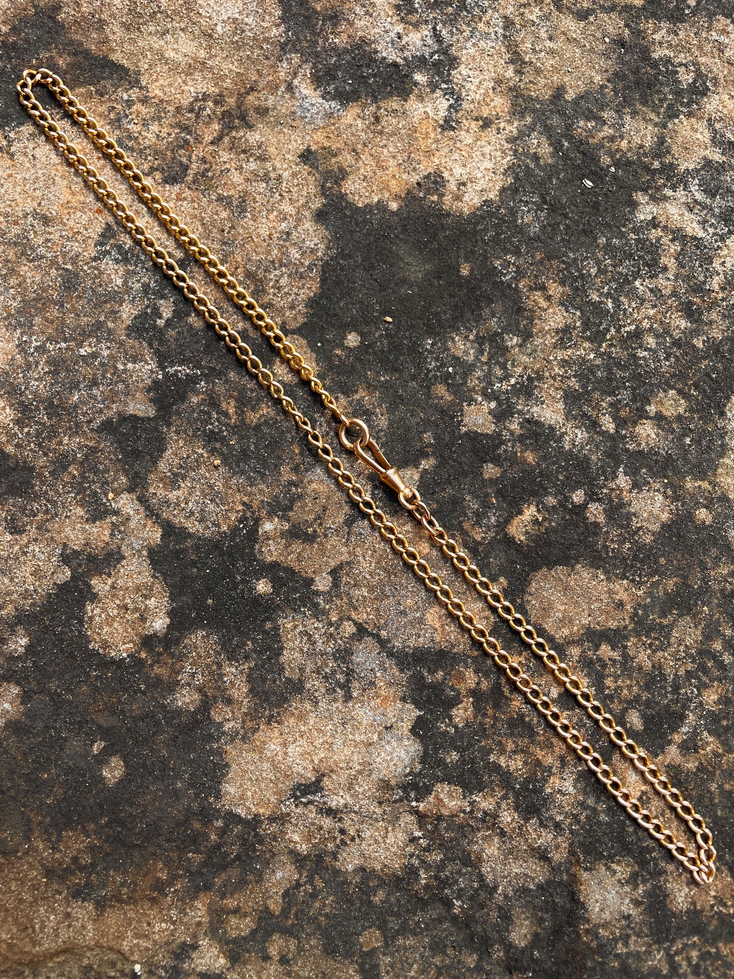 Antique rosy yellow 18K round link curb watch chain with dog clip, 20 inch