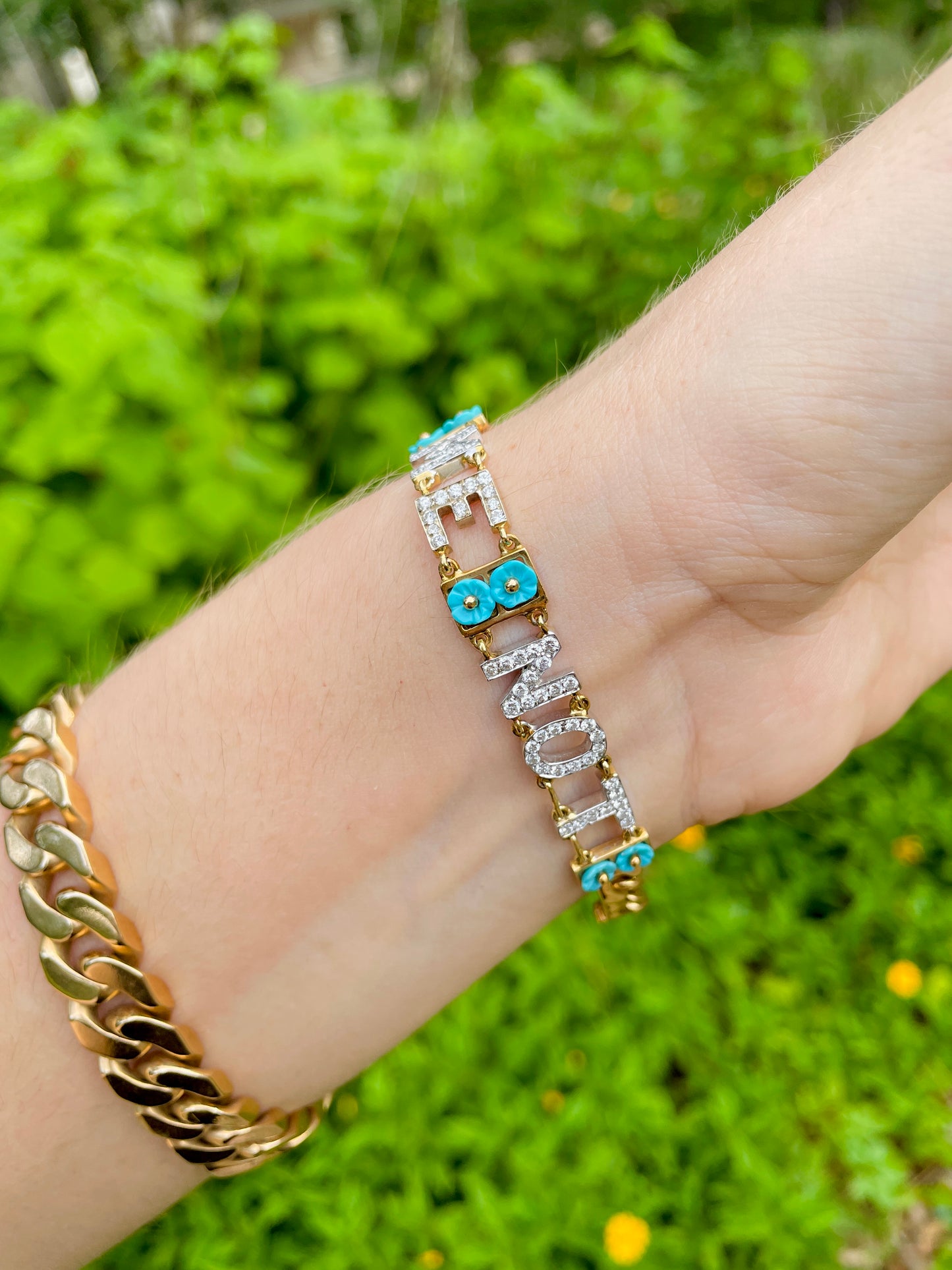 Vintage Yellow 18K turquoise and diamond Forget Me Not bracelet