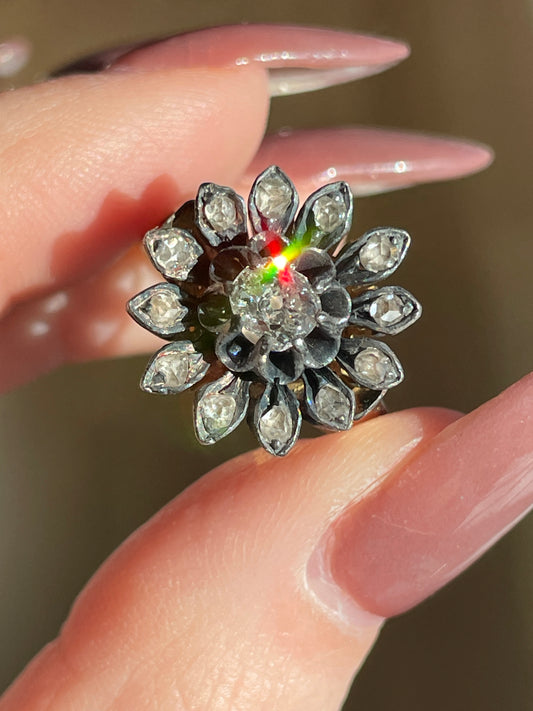 Antique silver and 14K gold approx 1.02 ctw old mine cut and rose cut diamond flower ring, size 8.5