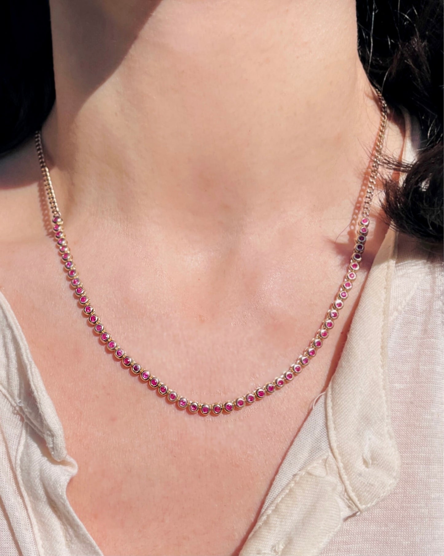 Original 3GOG yellow 14K gold approx 2 ctw pink sapphire bubble watch chain necklace, 18 inch long with 16.75 inch clasping option