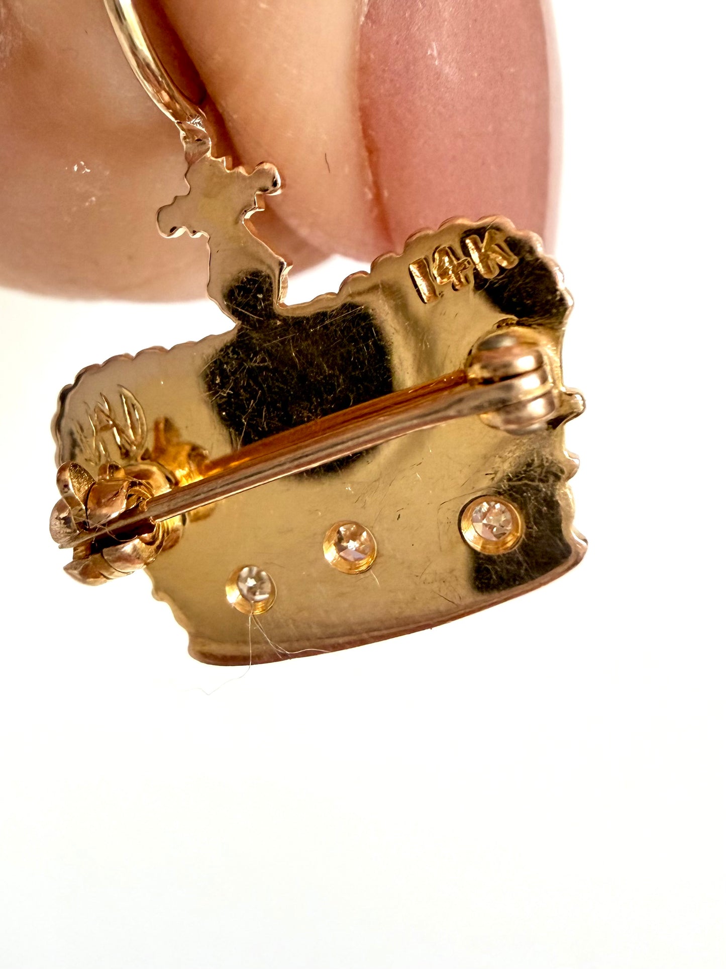 Vintage Yellow 14k and enamel crown pendant with single cut diamonds