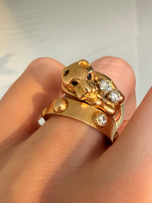 Vintage yellow 18K cat with .29ctw diamonds and sapphire ring, size 8.5-8.75