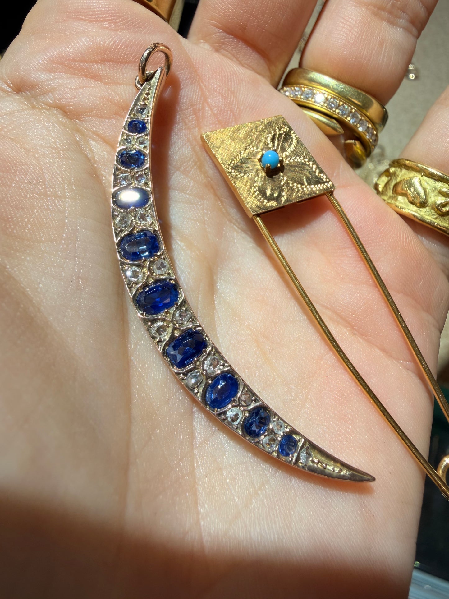 Antique yellow 9K natural sapphire and rose cut diamond crescent pendant with 14K bale