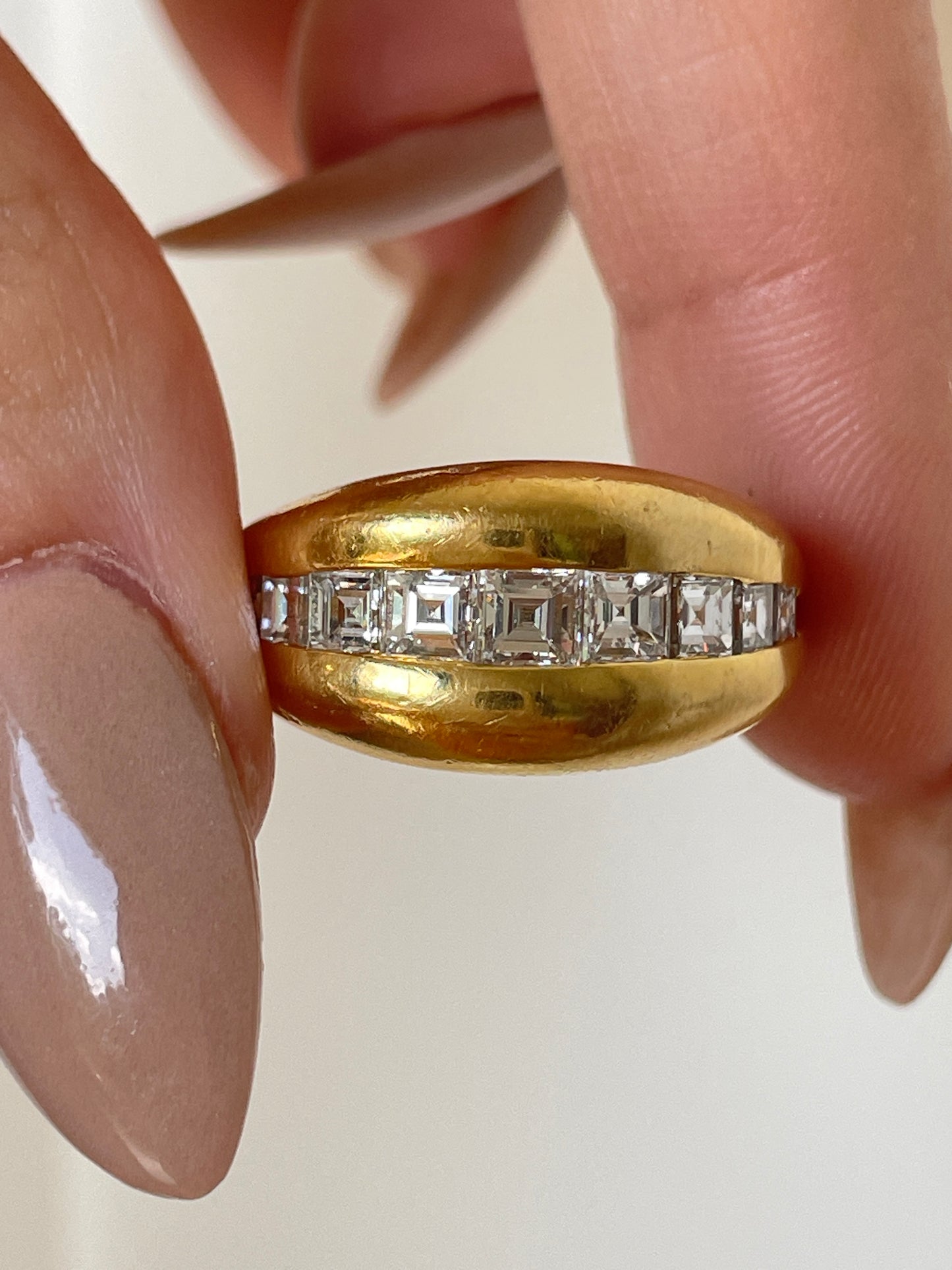 Vintage yellow 18K French 1.3 ctw Carre cut diamond ring, size 6.5