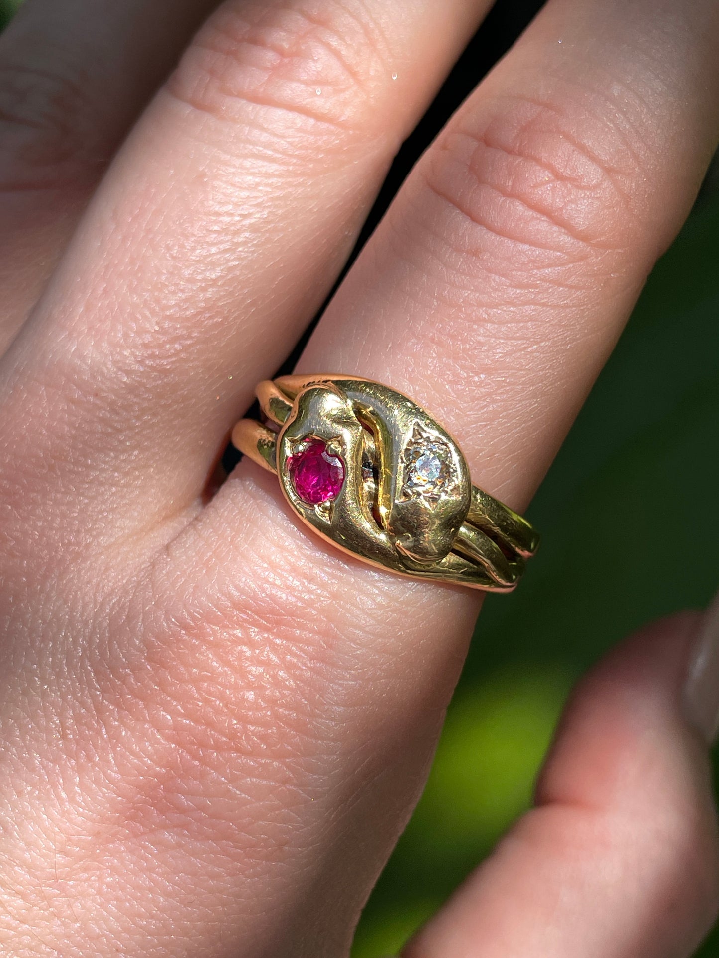 Antique Victorian yellow 18K pair of snakes ring with .25 ctw old mine cut diamond and .35 ctw ruby, size 11