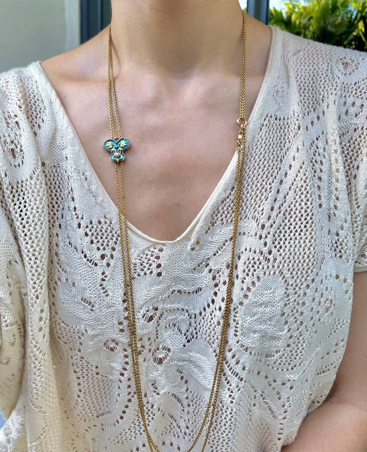 Antique 22K Art Nouveau longguard chain with 14K blue enamel butterfly slider with old mine cut diamonds, rose cut diamonds and pearl, with dog clip and bolt, 72 inch