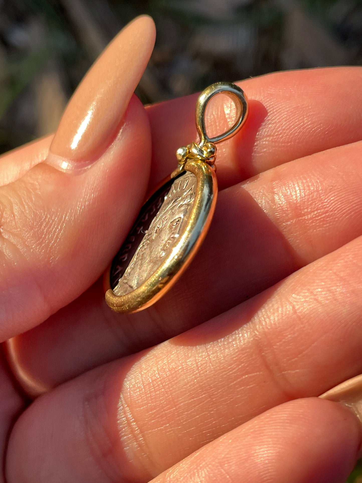 Estate yellow 18K bezel set authentic ancient Roman silver coin pendant