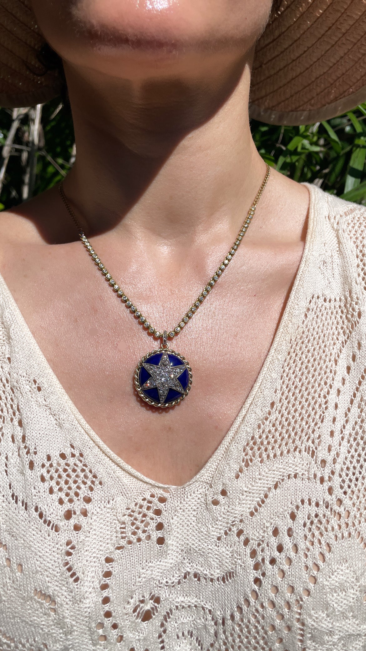 Antique yellow 14K approx over 4 ctw old mine cut and rose cut diamond blue enamel star statement pendant