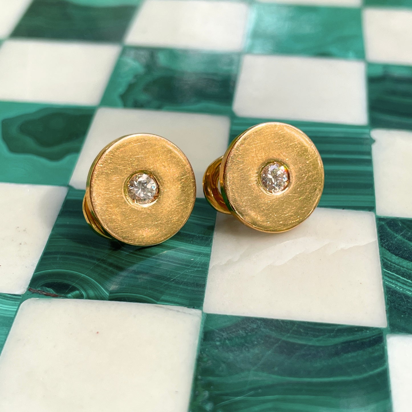 Vintage Bvlgari yellow 18K and diamond disc omega back earrings