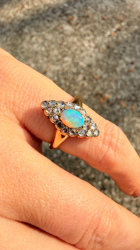 Antique yellow 14K opal and approx .4ctw rose cut diamond navette ring, size 5