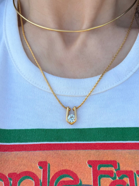 Vintage yellow 18K wheat chain with 1.05 ctw Old European Cut Diamond U pendant with ruby, 20 and 3/8 inch