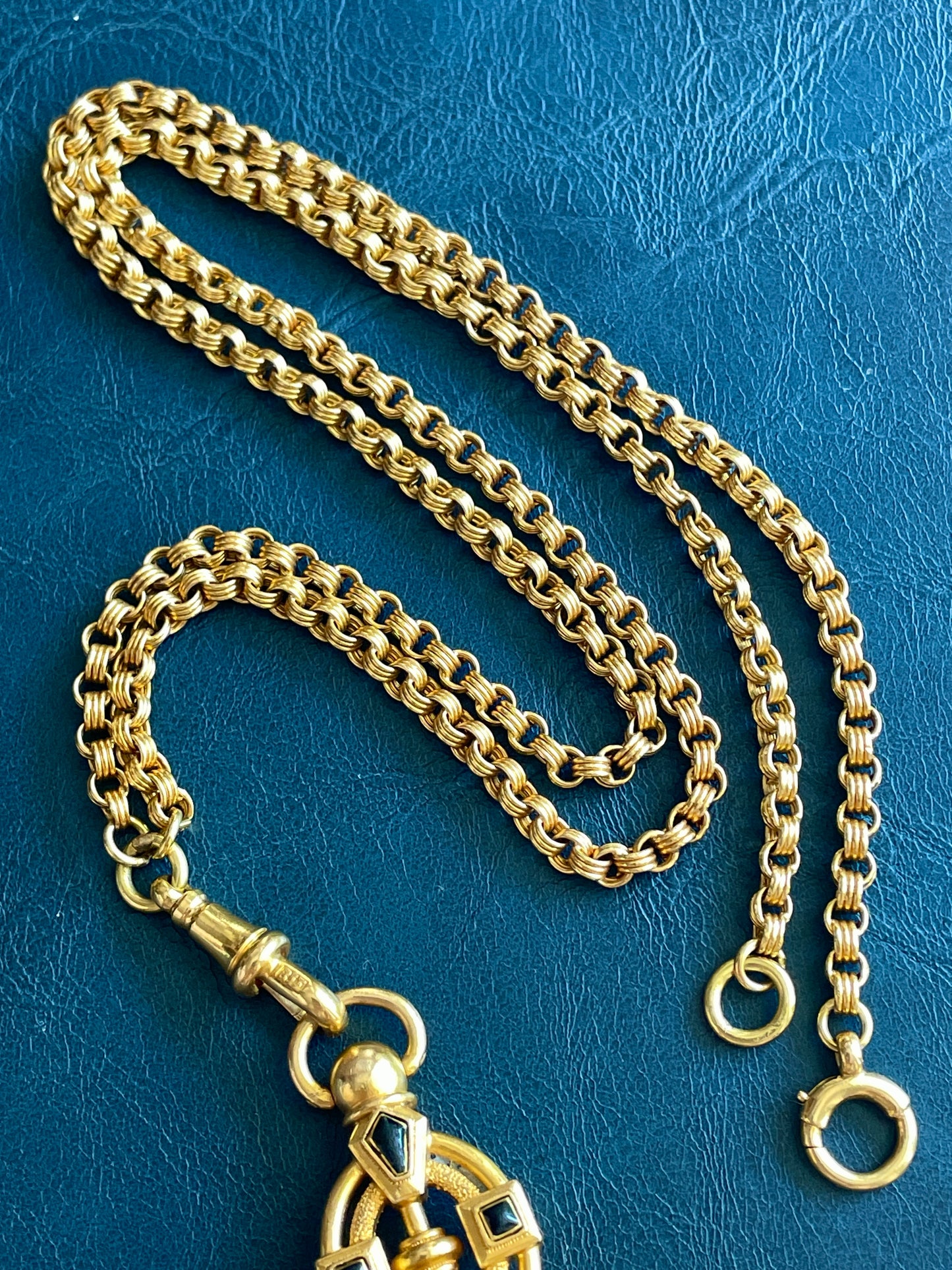 Antique yellow 18K triple rolo link watch chain with dog clip and bolt clasp, 23.5 inch