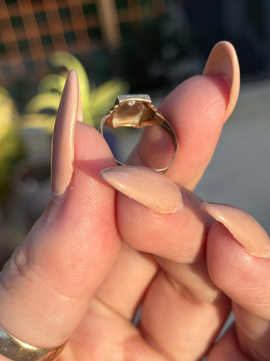 Antique yellow and white 14K "MM" signet with .03 ctw diamond ring, size 3