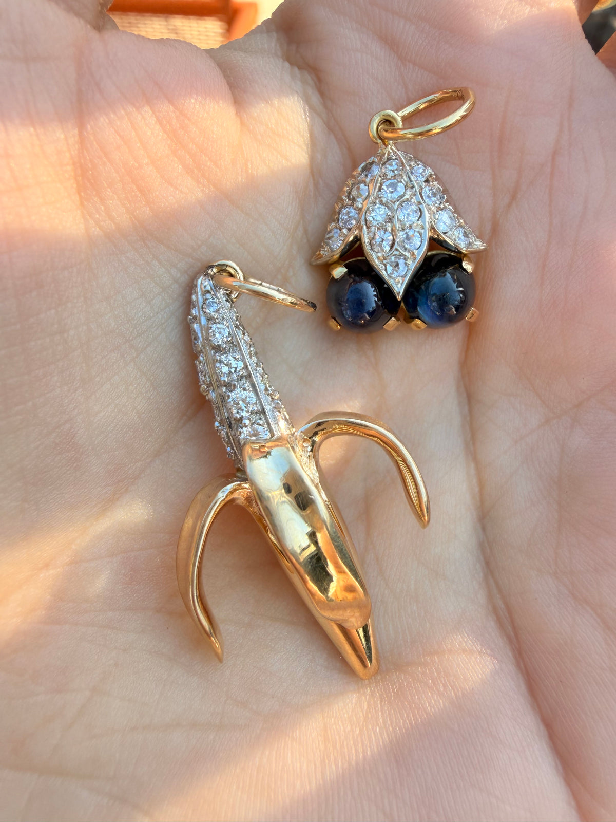 Vintage 18K approx .52 ctw old mine and old cut diamond and sapphire cabochon blueberries pendant