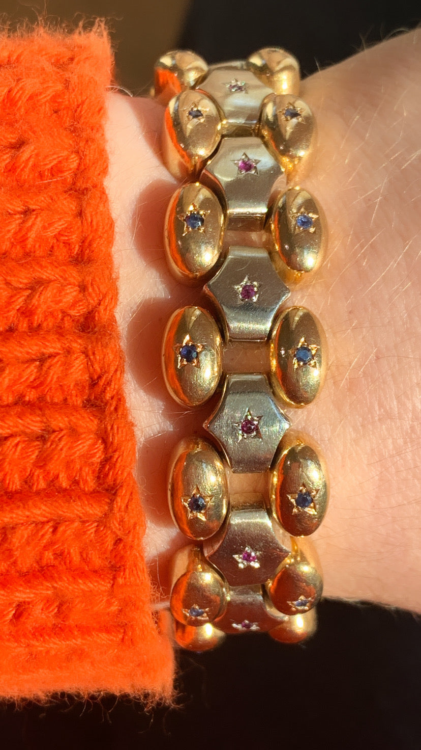 Vintage two tone 18K gold star set gemstone bracelet, 6.75 inch