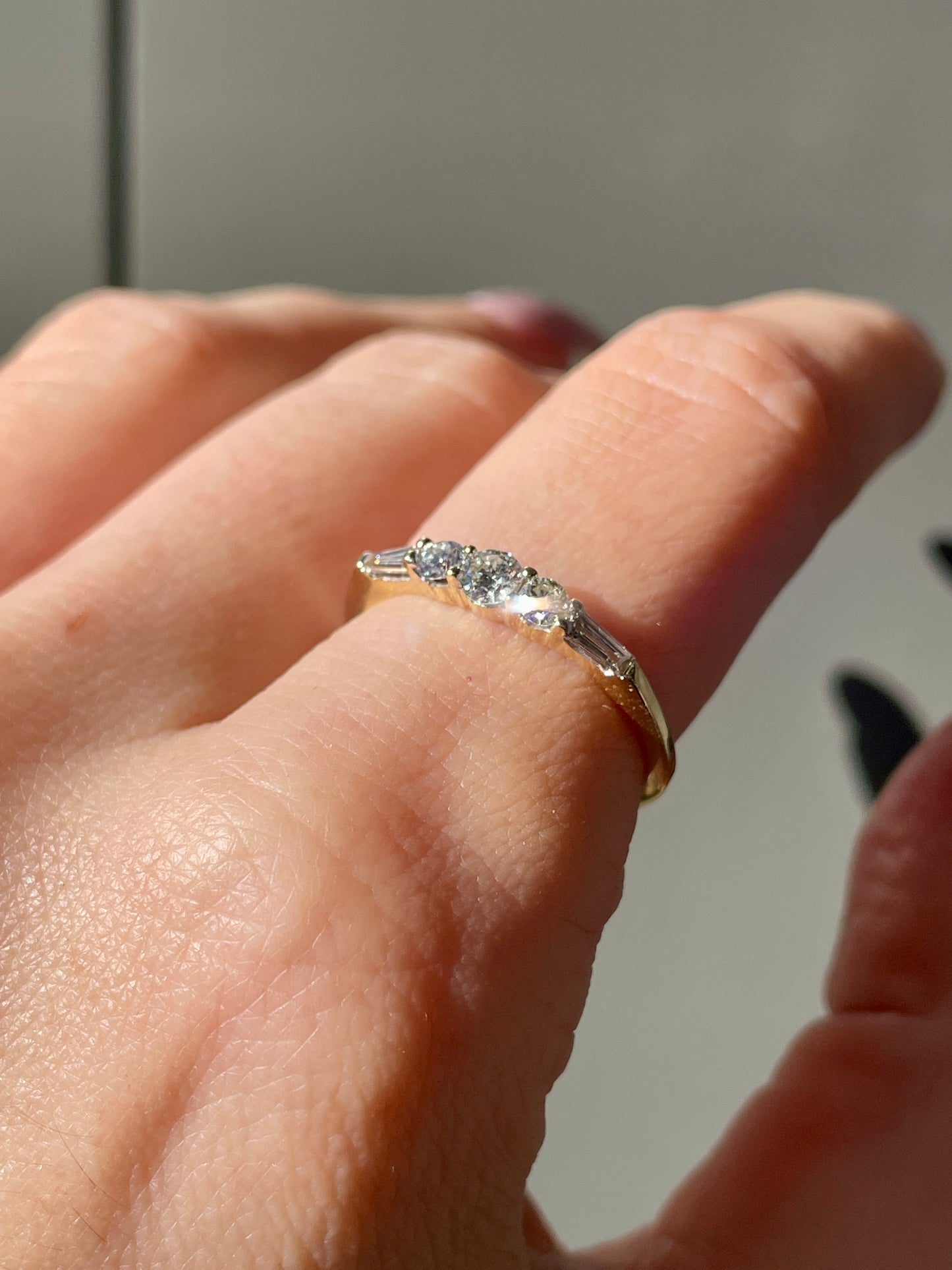 Vintage yellow 14K approx .54 ctw baguette and round diamond ring, size 7.25