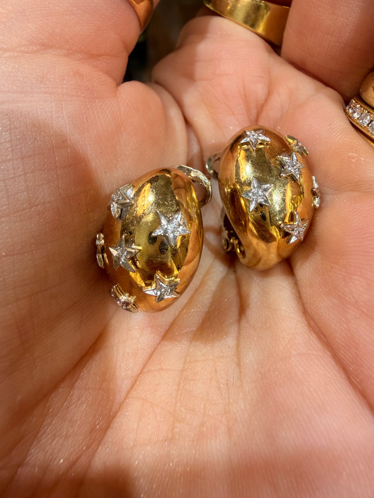 Vintage 18K diamond stars omega back earrings