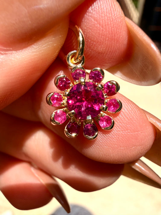 3GOG Natural Rubellite and Pink Sapphire Garden Party Flower Pendant 18K