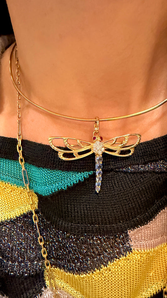 Vintage yellow 14K approx .35 ctw sapphire, ruby and .11 ctw diamond dragonfly pendant pin