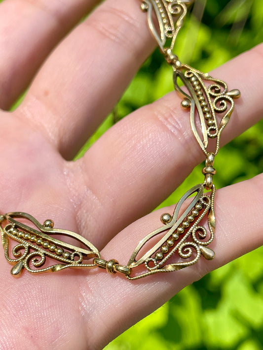 Antique yellow 18K French ornate scrolled link collar necklace, 15.5 inch