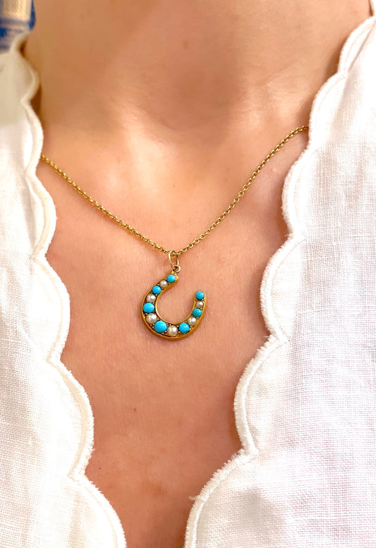 Antique yellow 18K turquoise and pearl horseshoe pendant