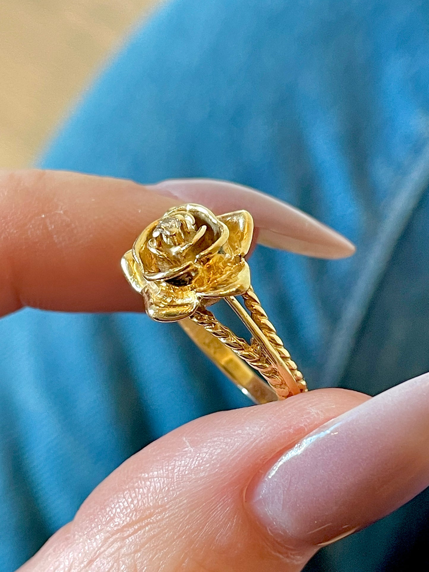 Vintage yellow 14K gold diamond rose ring, size 5