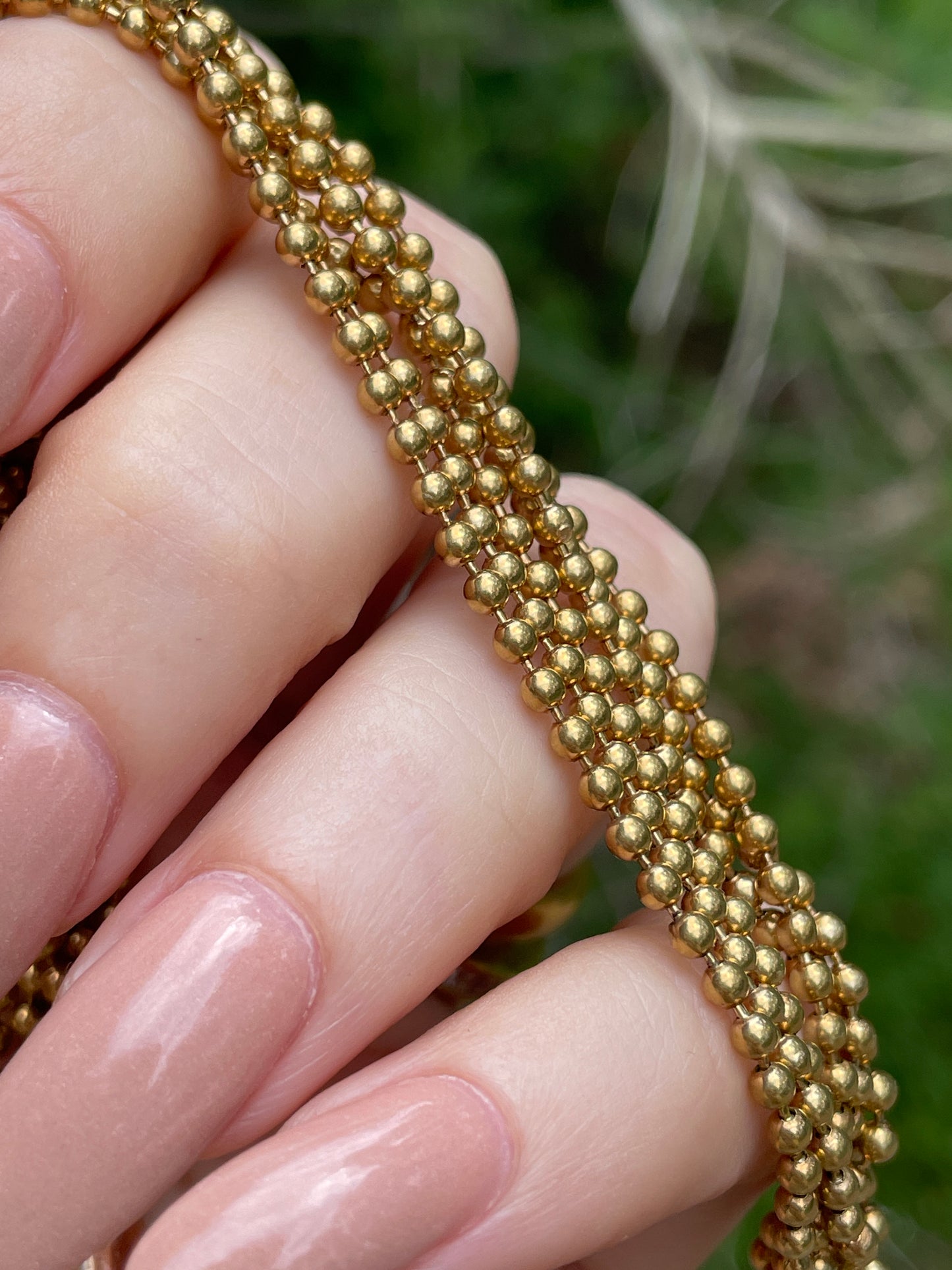 Vintage yellow 18K multi strand ball chain bracelet, 7 and 1/8 inch
