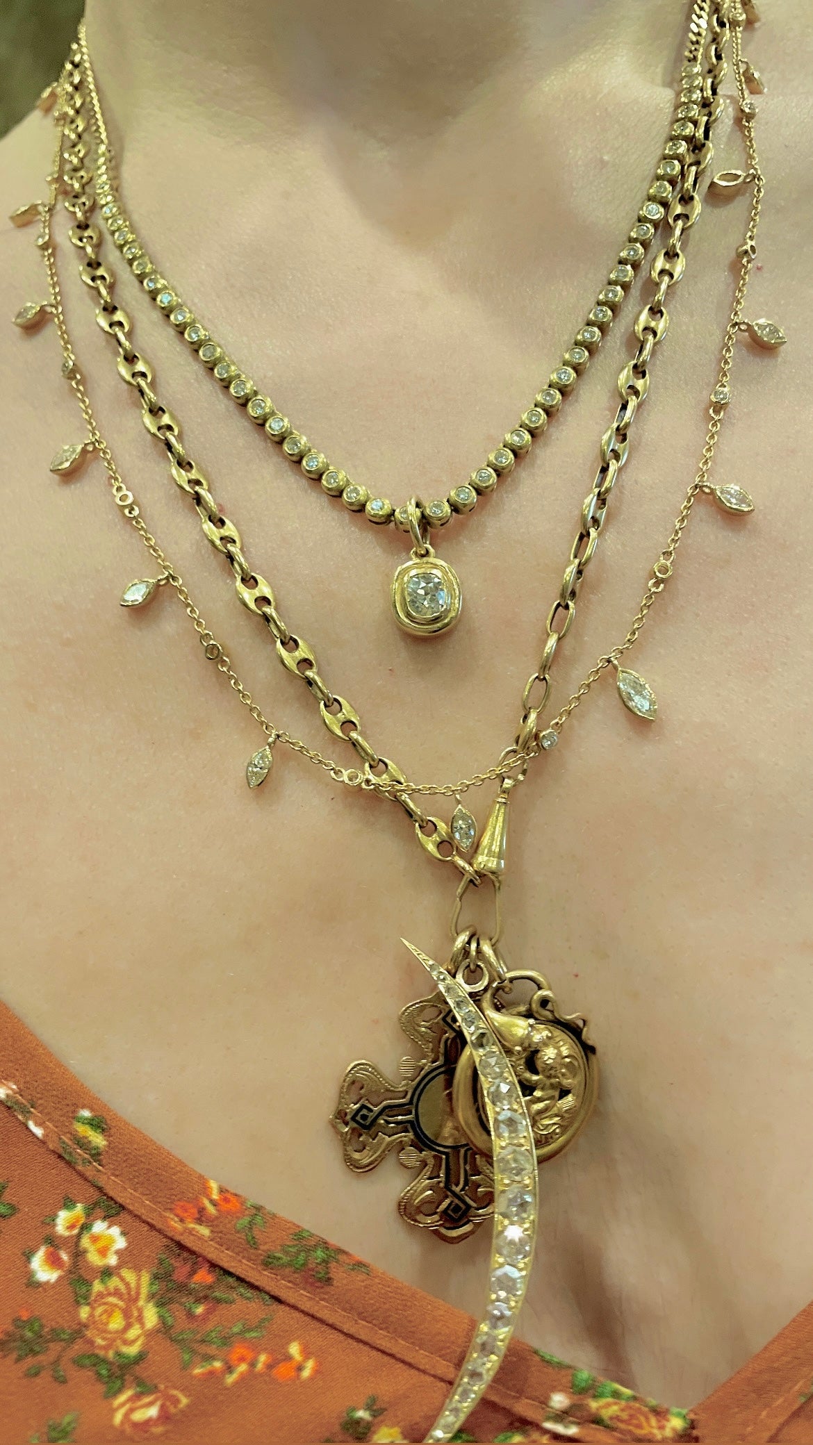 Vintage yellow 18K approx 2.77 ctw marquise and round cut bezel set diamond drop necklace, 25.5 inch adjusts to 24.5 inch