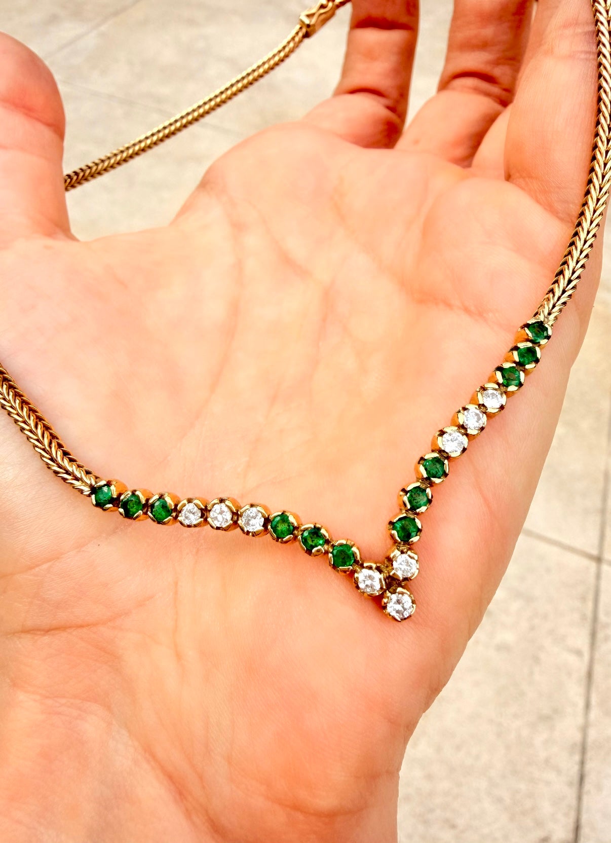 Vintage yellow 14K emerald and diamond chevron woven chain, 16 inch