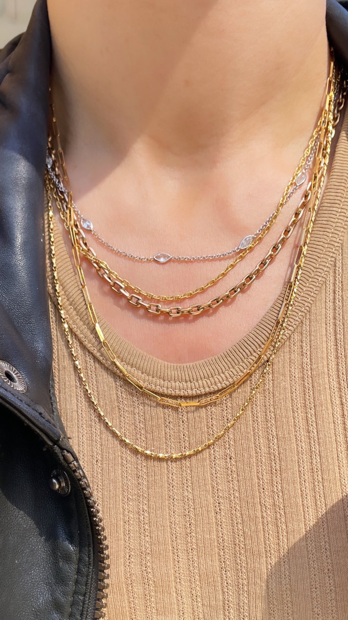 Vintage yellow 18K gold solid faceted bar link chain, 22 inch