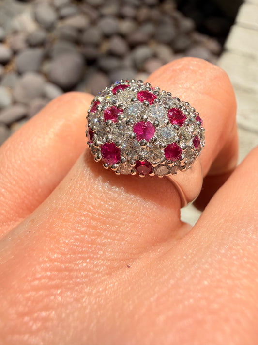 Vintage platinum 1ctw diamond and .6ctw natural ruby heart ring, size 6