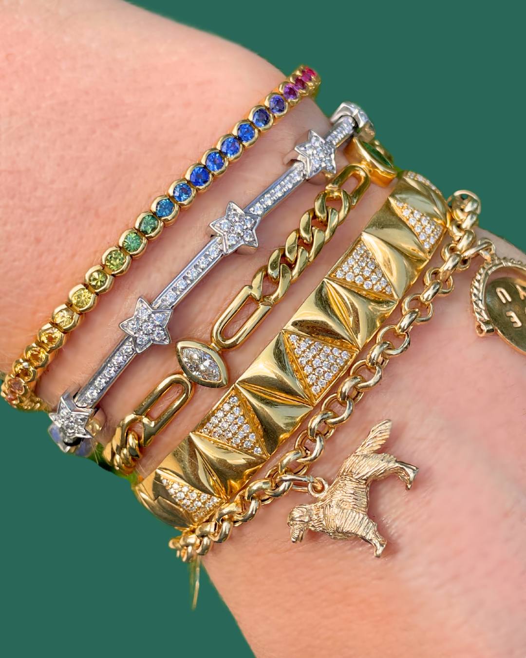 Vintage 18K marquise gemstone and curb bracelet, 7.25 inch