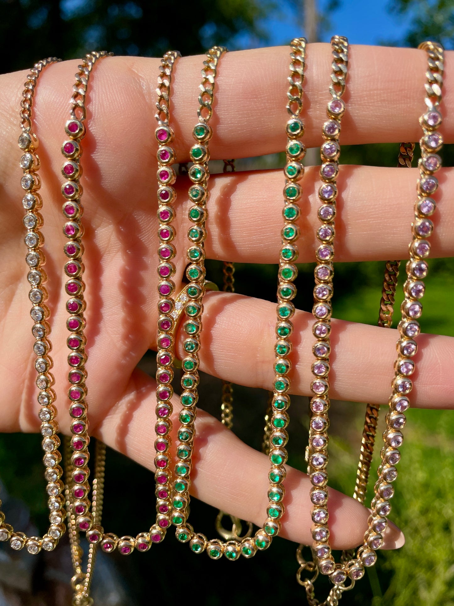 Original 3GOG yellow 14K gold approx 2 ctw purple sapphire bubble watch chain necklace, 19 inch long with 18 inch clasping option