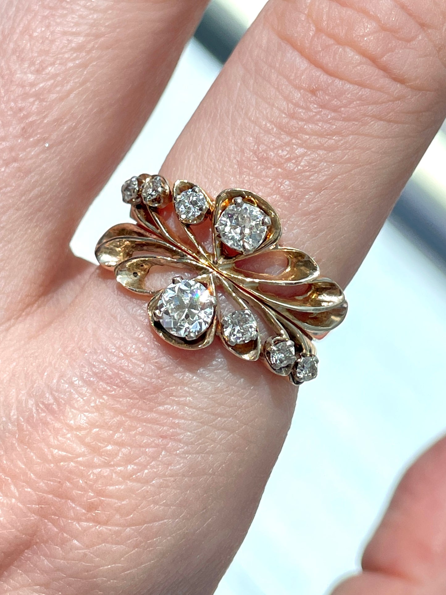 Vintage set of yellow 14K scalloped .88 ctw old cut diamond rings, size 7.75