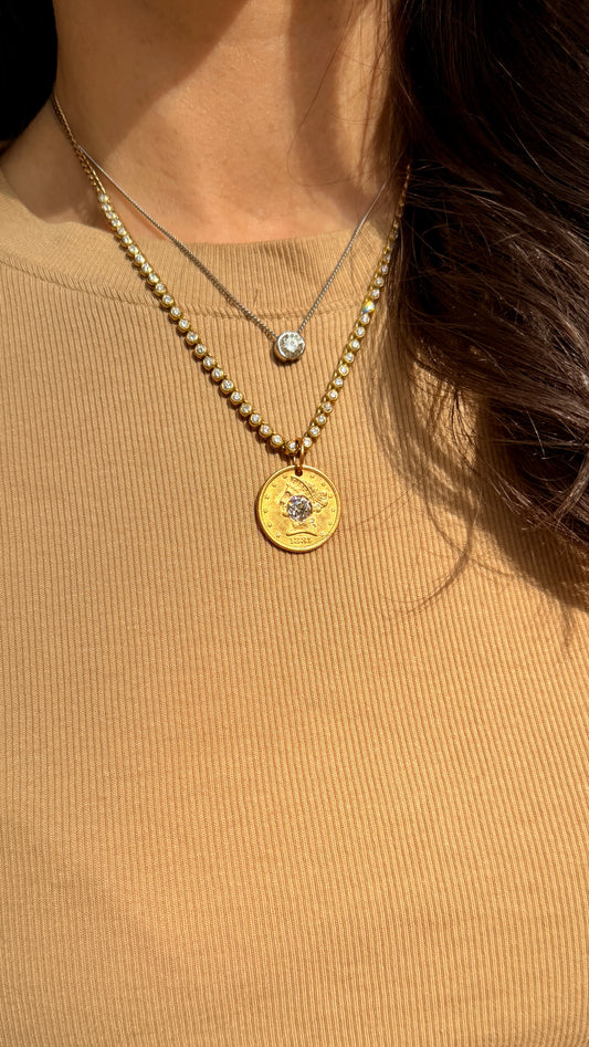Antique yellow 21K gold 1881 $5 US Liberty coin with approx 1.1 ctw old mine cut diamond pendant