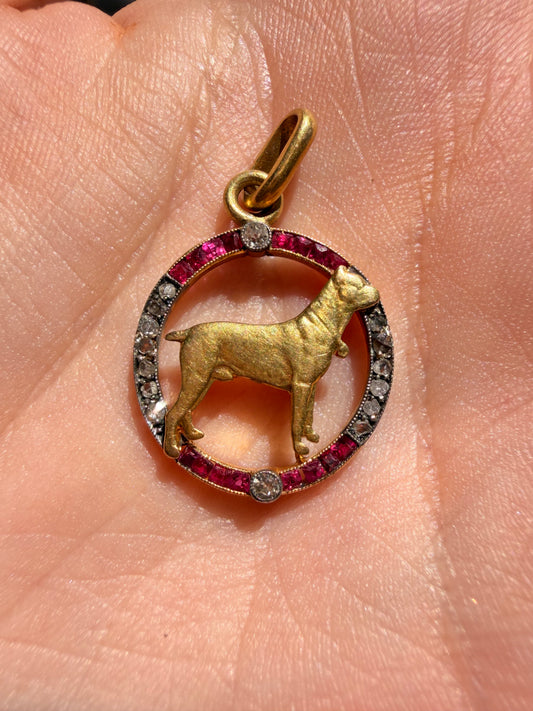 Antique 18K ruby and diamond dog charm