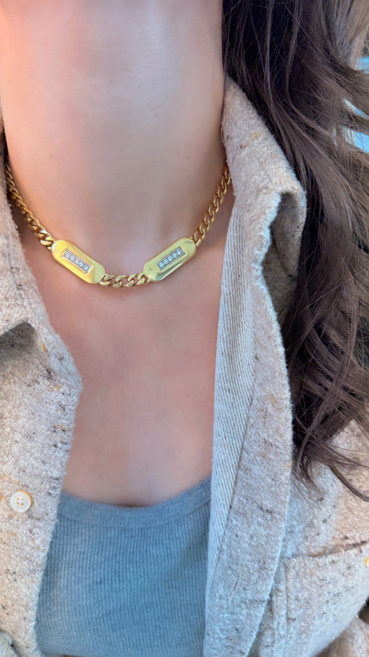 Vintage yellow 18K Chimento designer diamond bars curb chain, 15 inch