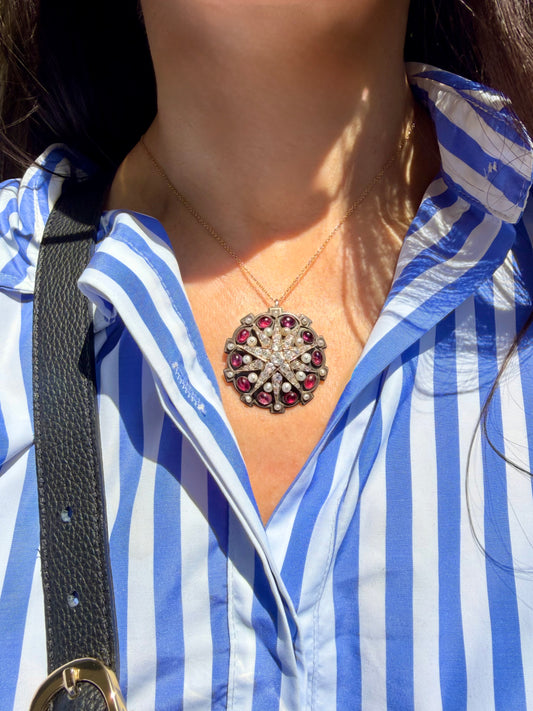 Antique 14K gold and silver approx 2 ctw Old Mine Cut diamond star and 3.5 ctw ruby and pearl convertible brooch pendant