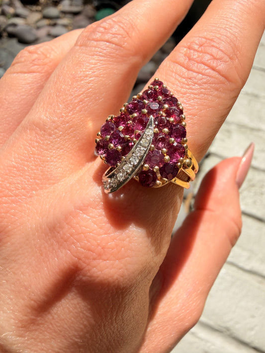 Vintage 18K anthurium flower ring with 3ctw rhodolite garnets and .05ctw diamond, size 7.25